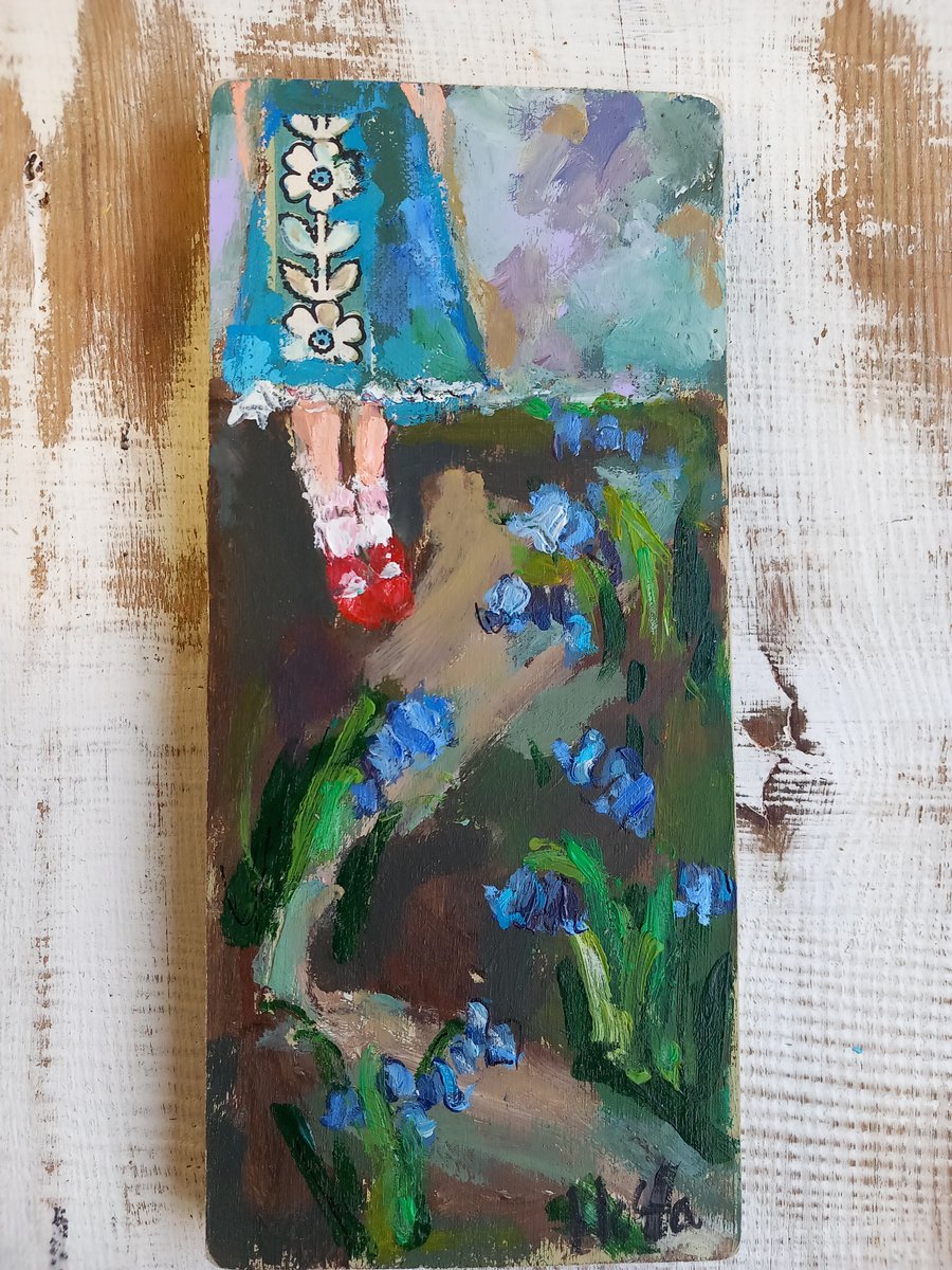 ' Bethany and the bluebells ' small painting on wood