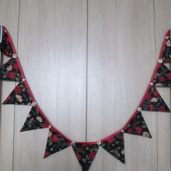 Double Sided Holly & Poinsettia Bunting with Buttons, Christmas Bunting