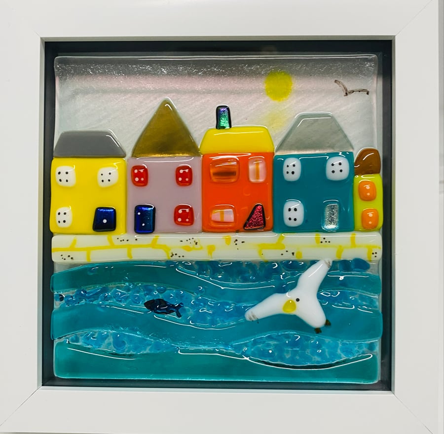 Coastal cottages fused glass picture