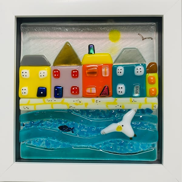 Coastal cottages fused glass picture