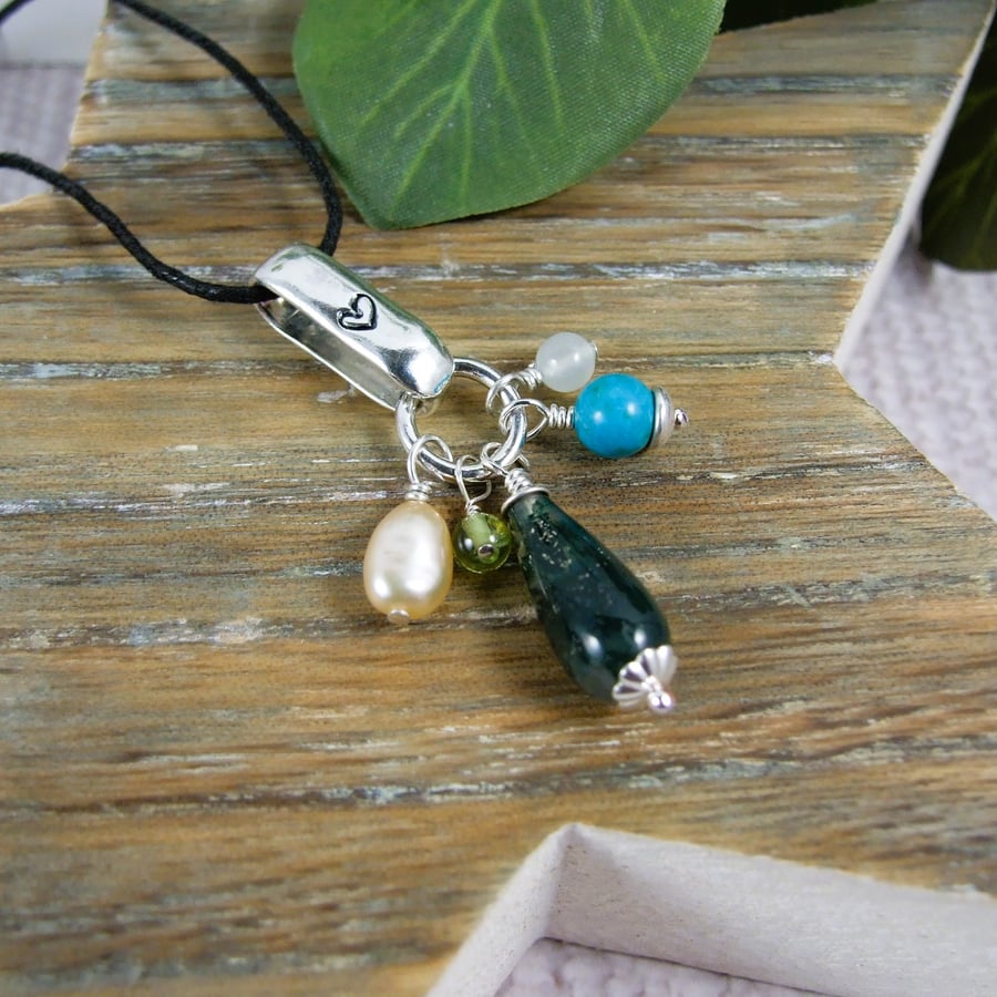 Necklace, Sterling Silver and Mixed Gemstones on Adjustable Waxed Cord