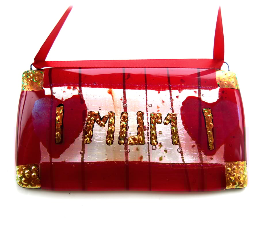 Mum Fused Glass Hanging Love Plaque Heart Dichroic Mothers Day Gift