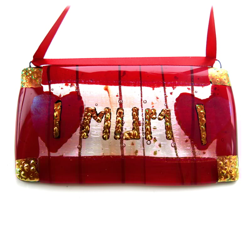 Mum Fused Glass Hanging Love Plaque Heart Dichroic Mothers Day Gift