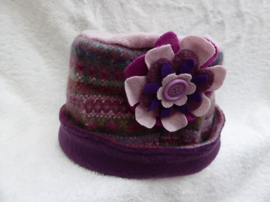 Wool Hat Created from Up-cycled Sweaters. Pink Fair Isle . Pink Crown
