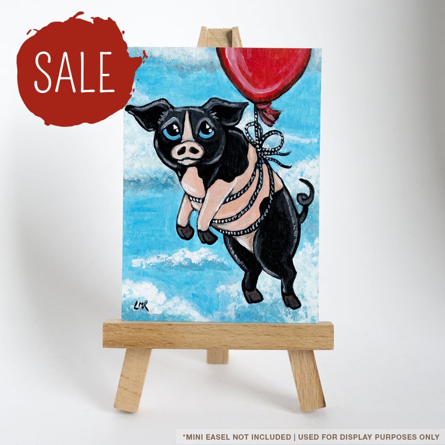 SALE - Original ACEO - Flying Pig with Red Balloon - Fun Animal Art
