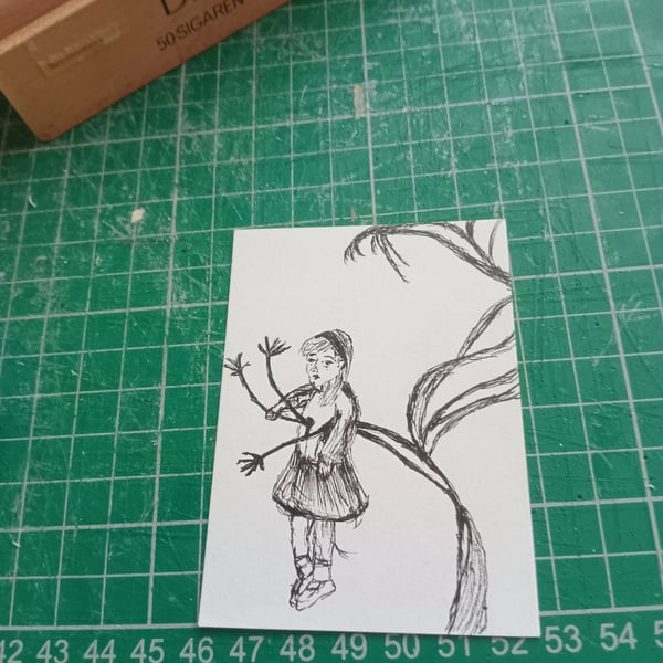 Original pen drawing aceo dark subject figure  impaled  tree