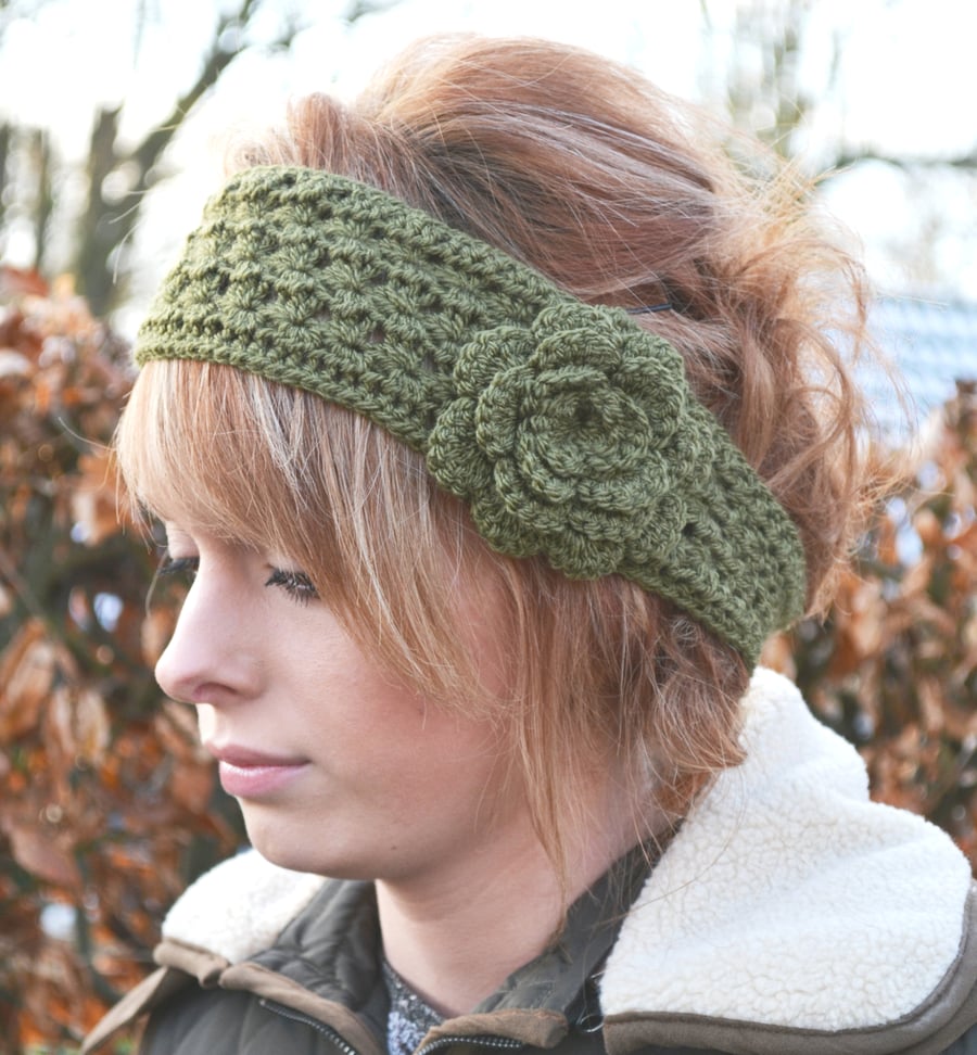 Crocheted Earwarmer Headband Fits heads 22" - 24" or Khaki 