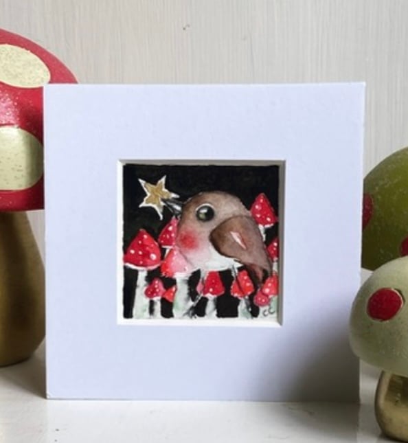 ACEO Original Whimsical Moon Gazing Bird Robin with Mushrooms Watercolour 