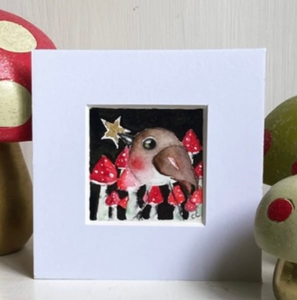 ACEO Original Whimsical Moon Gazing Bird Robin with Mushrooms Watercolour 