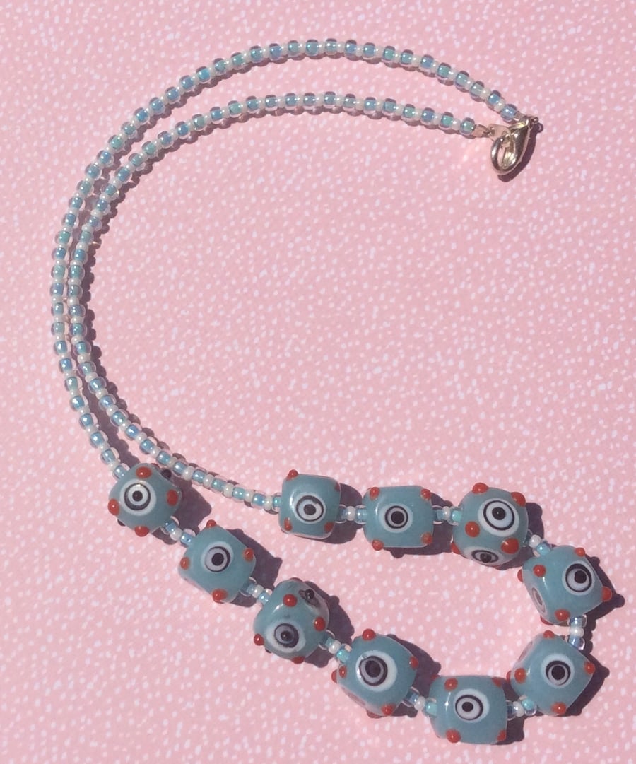 Summer Pastel Blue Colour Lamp work Beaded  Necklace