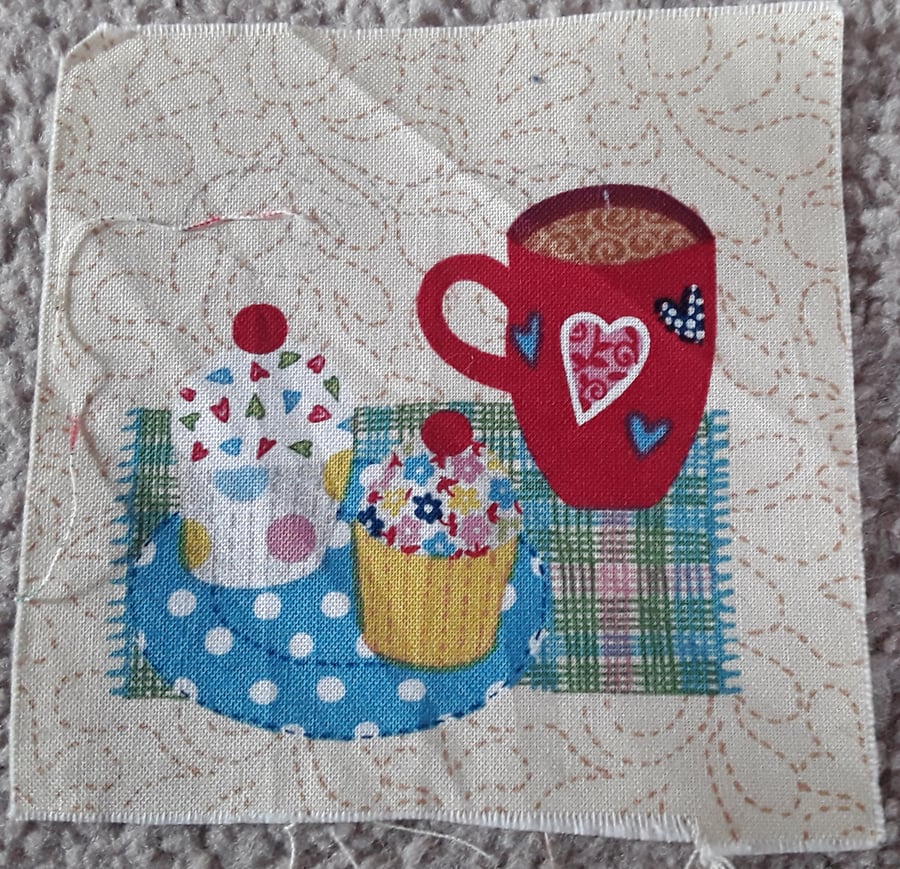 Cup cakes and coffee fabric square. 100% cotton