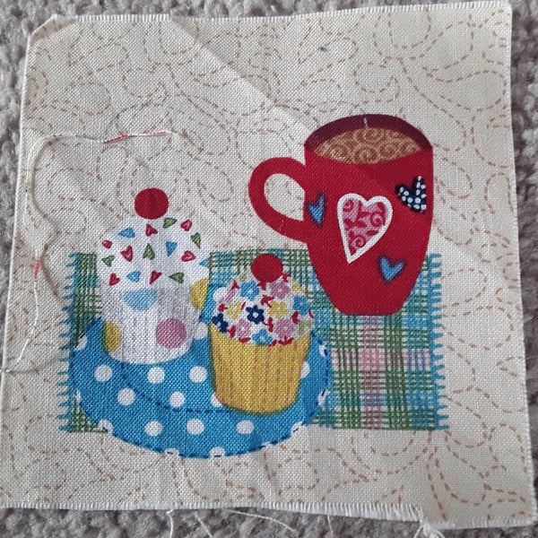 Cup cakes and coffee fabric square. 100% cotton