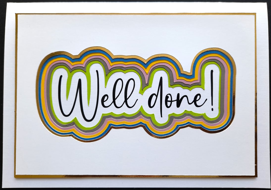 Well Done achievement colourful multi layered handmade greetings card