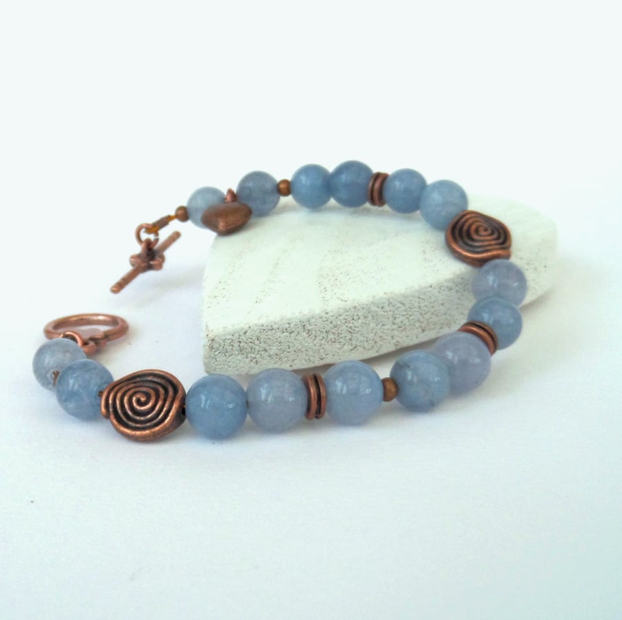 SALE Blue aventurine and copper handmade bracelet with heart charm embellishment