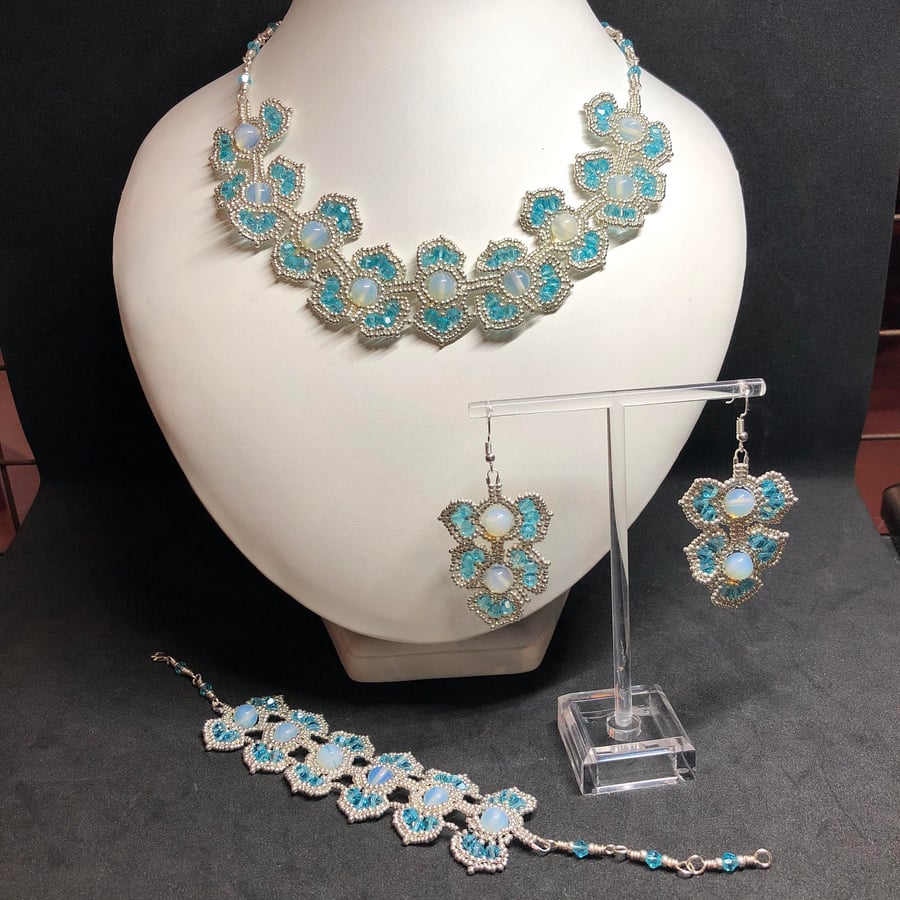 Aqua Crystal & Seed Bead Necklace, Bracelet and Earring set handmade