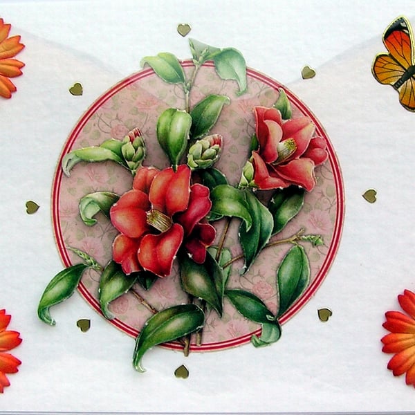 Orange Flower Hand Crafted Decoupage Card - Blank for any Occasion (2452)