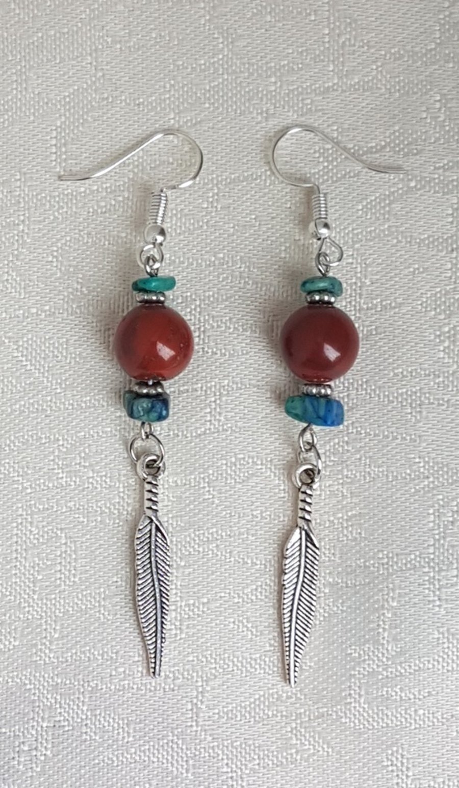 Gorgeous Red Jasper and feather charm Earrings - SALE