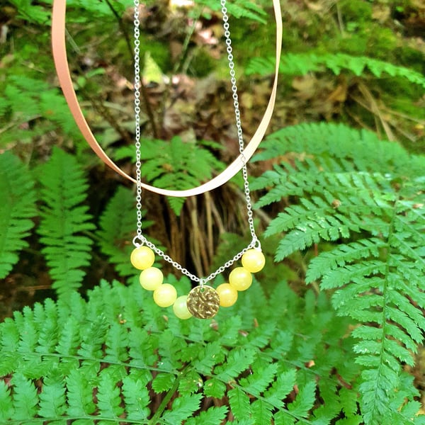 Yellow jade layered faux ribbon necklace 