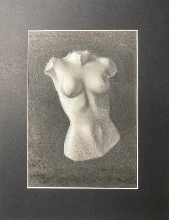 Female torso study (Original Charcoal Drawing FULLY MOUNTED 14” x 11”) 