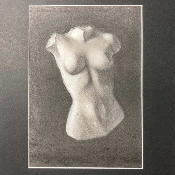 Female torso study (Original Charcoal Drawing FULLY MOUNTED 14” x 11”) 
