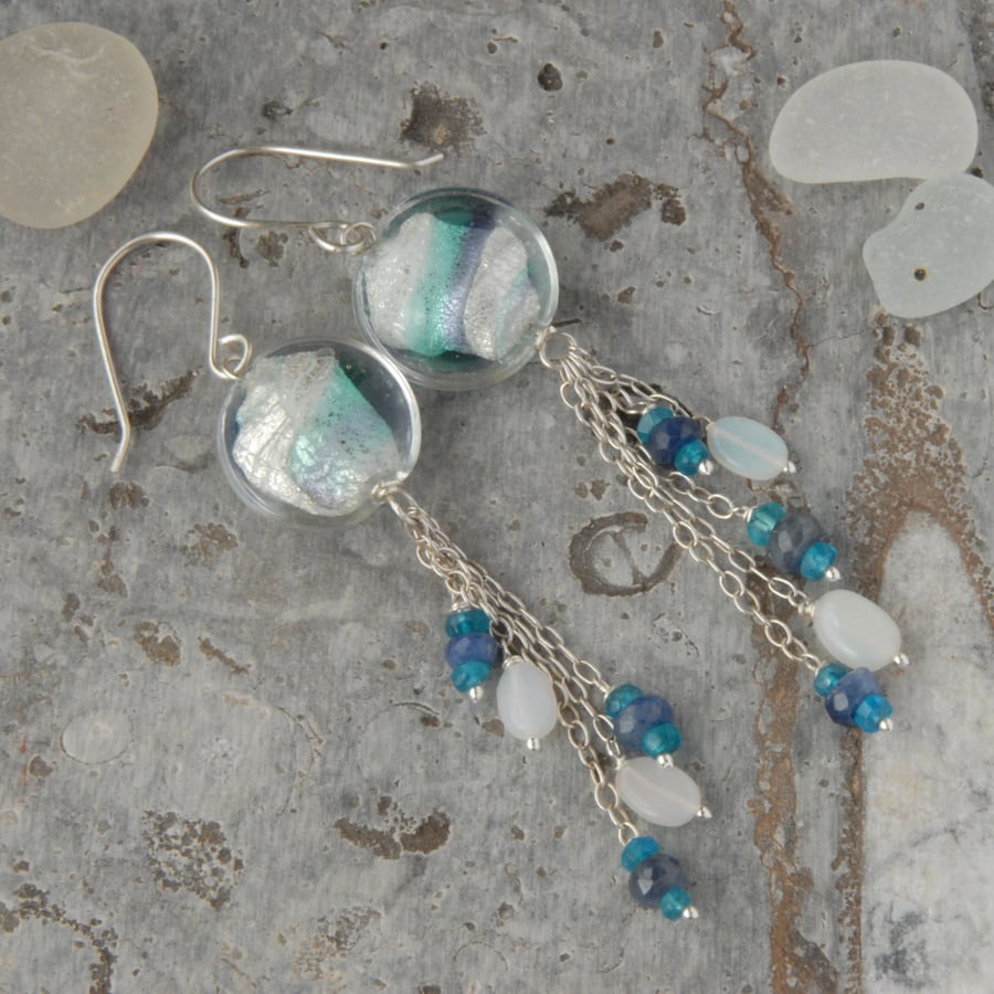 Sterling silver earrings with murano glass, neon apatite, sapphire and opals