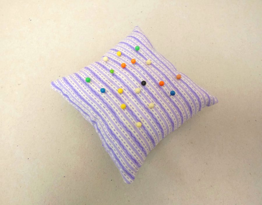 Pin cushion in lilac and white stripes, large, purple sewing accessory