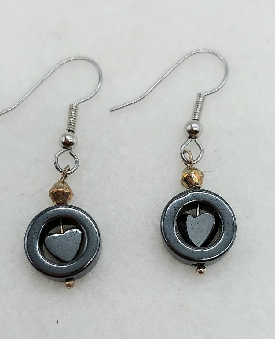 Dainty Hematite Circle and Hearts Earrings