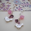Silver bird & pink flower earrings
