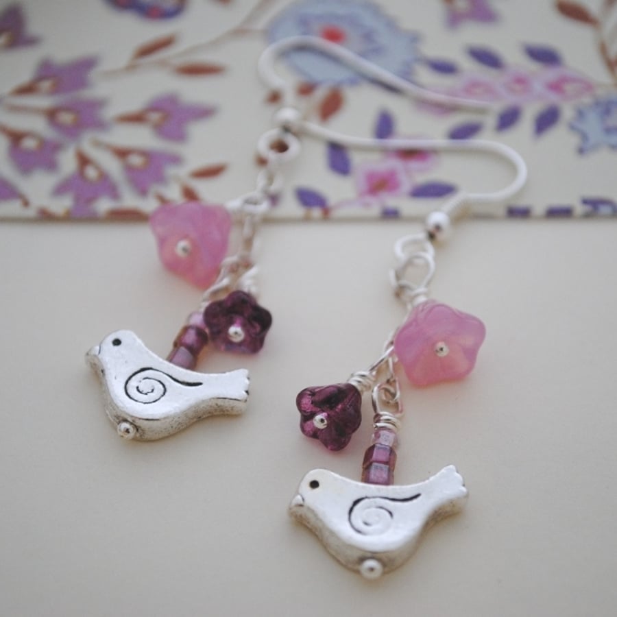 Silver bird & pink flower earrings