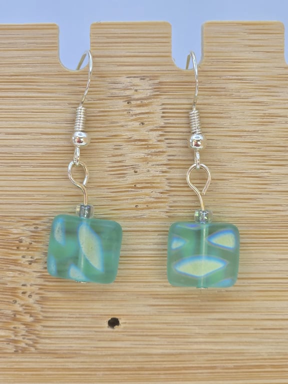 Green peacock Czech glass earrings
