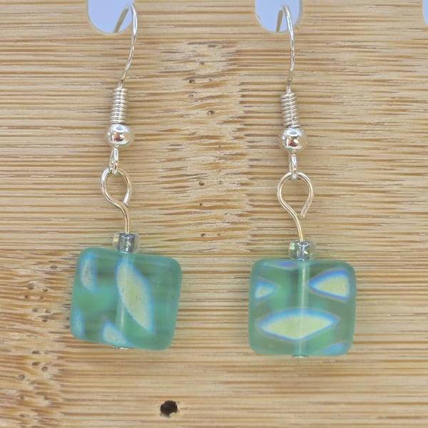 Green peacock Czech glass earrings