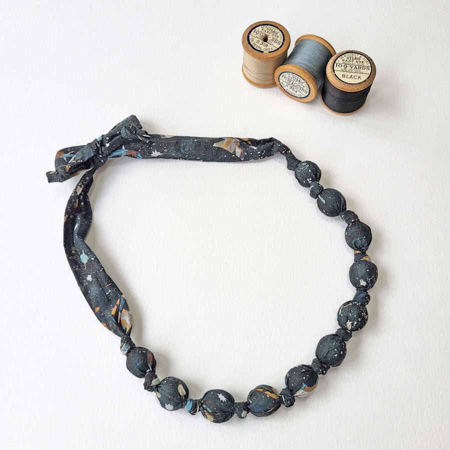 Navy, Pale Blue, Beige, Cream Liberty Print Fabric Necklace - What Lies Beyond