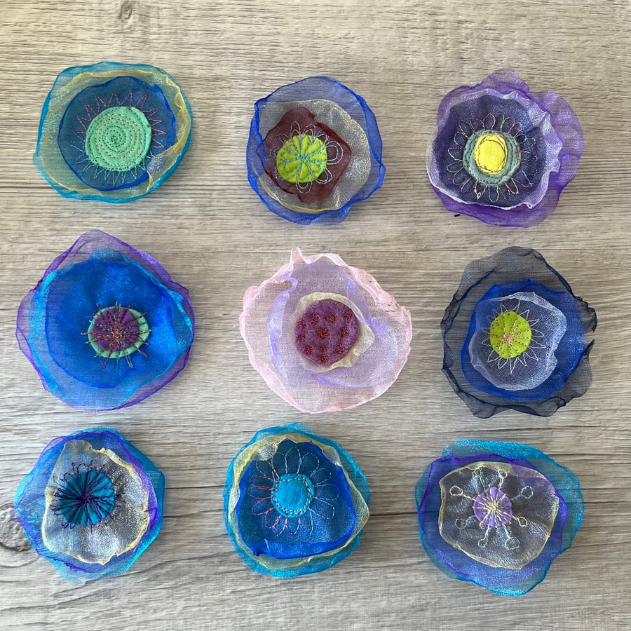 Nine Organza Embroidered Flower Embellishments Free Postage 