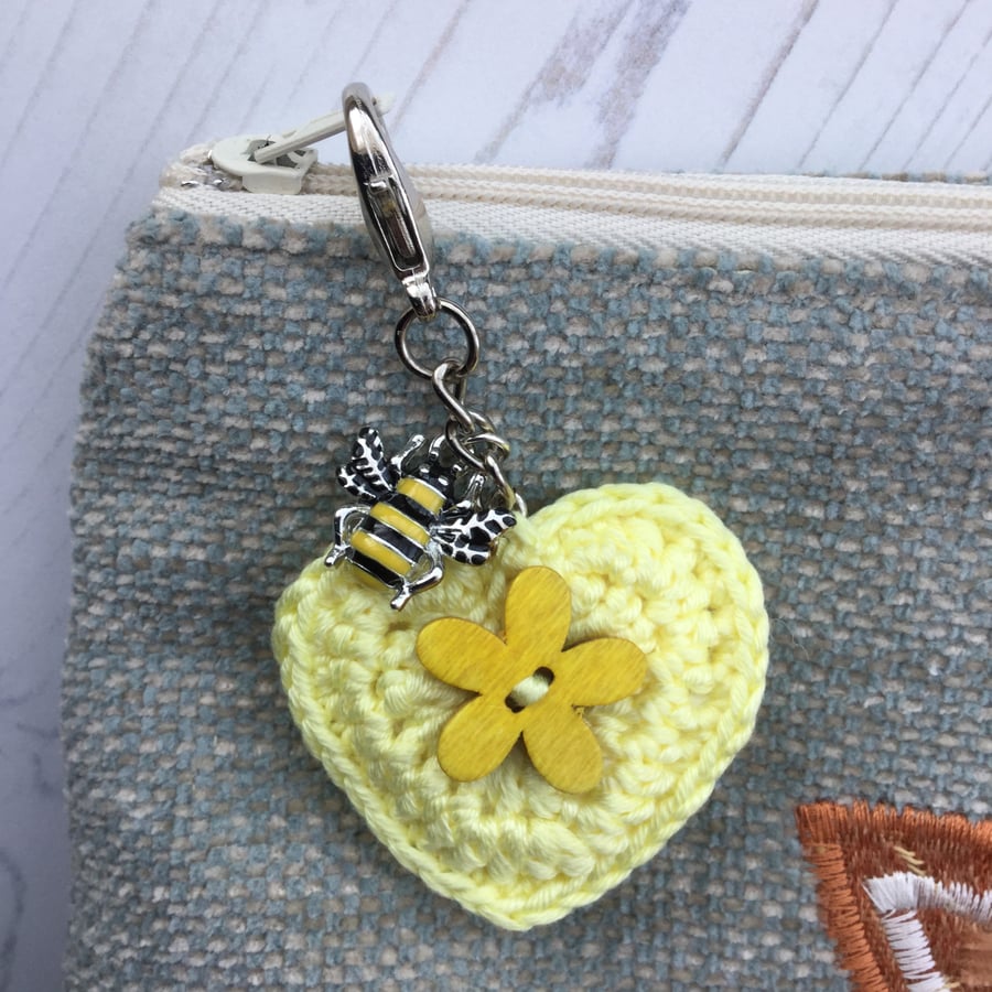 Crochet Heart Bag Charm in Yellow with a Bee Charm