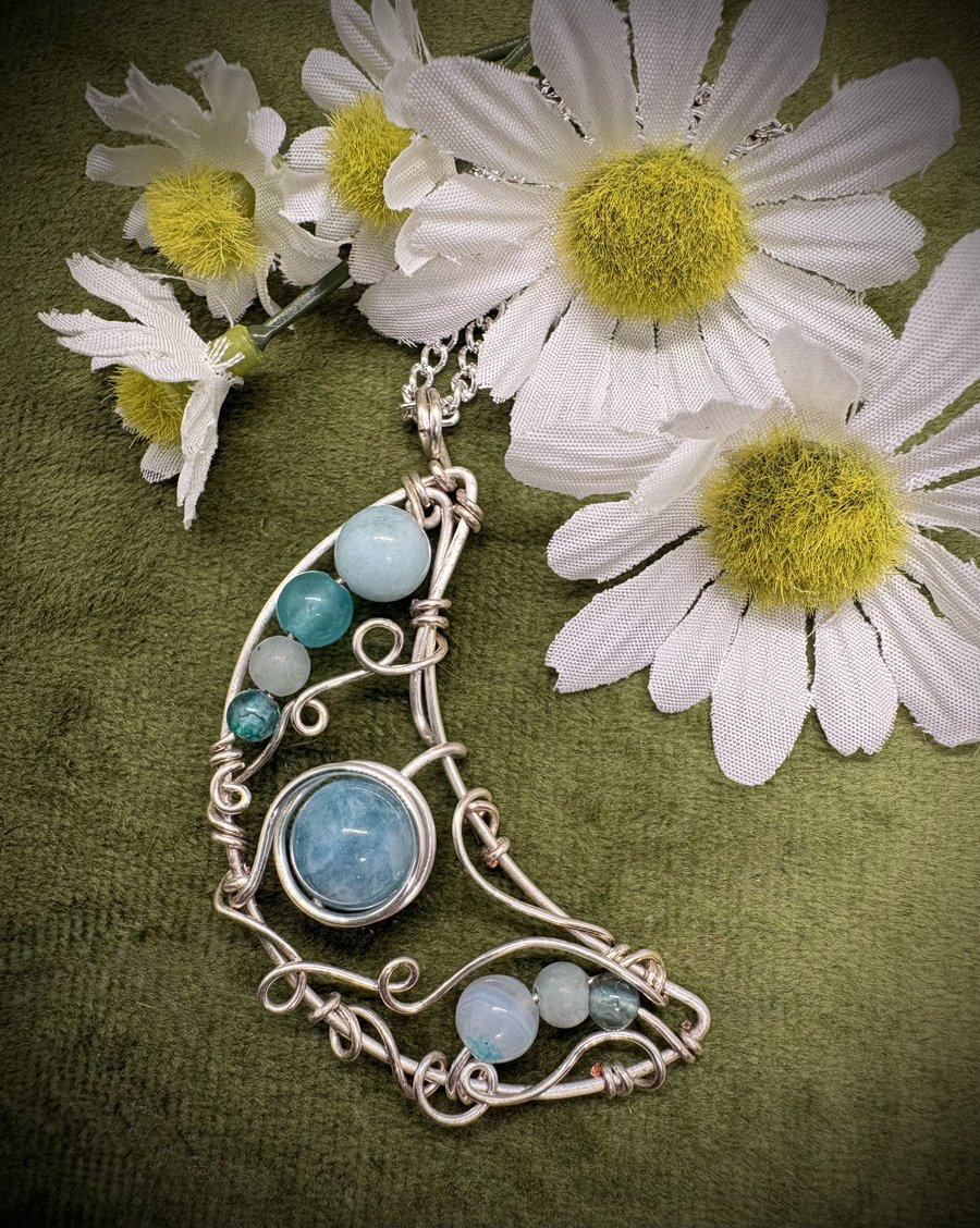 Silver wire wrapped Crescent Moon pendant