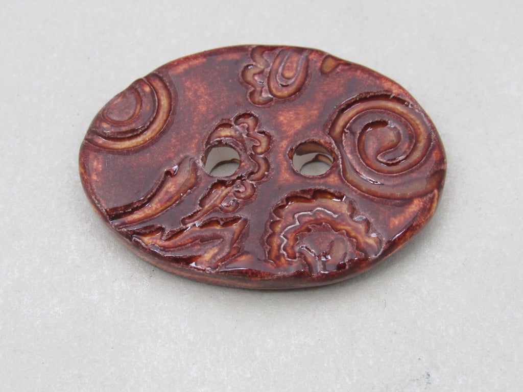 Large Bright Copper Brocade Oval Handmade Ceramic Button