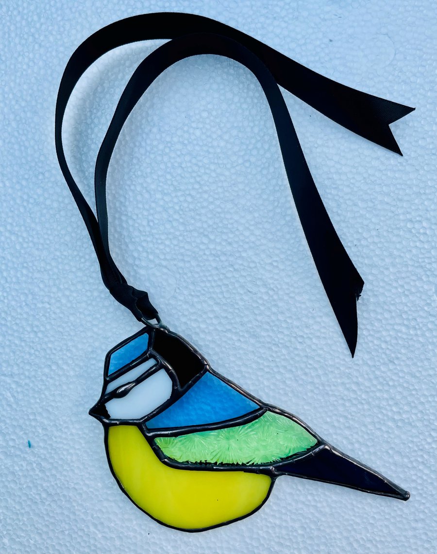 Adorable Handcrafted Genuine Stained Glass Blue tit Suncatcher
