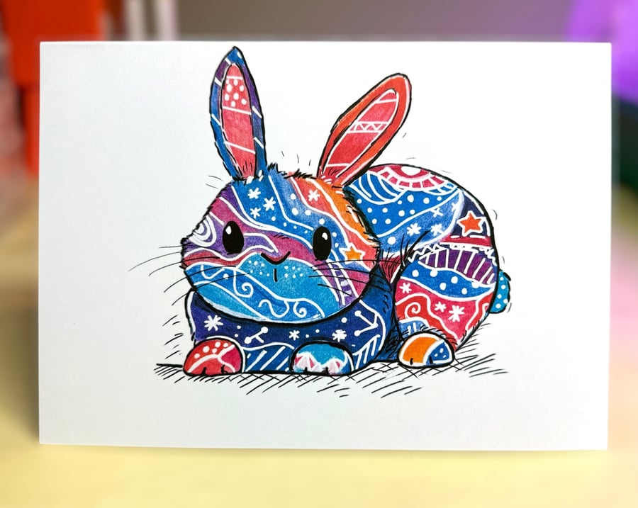 Colorful stitch rabbit art greetings card