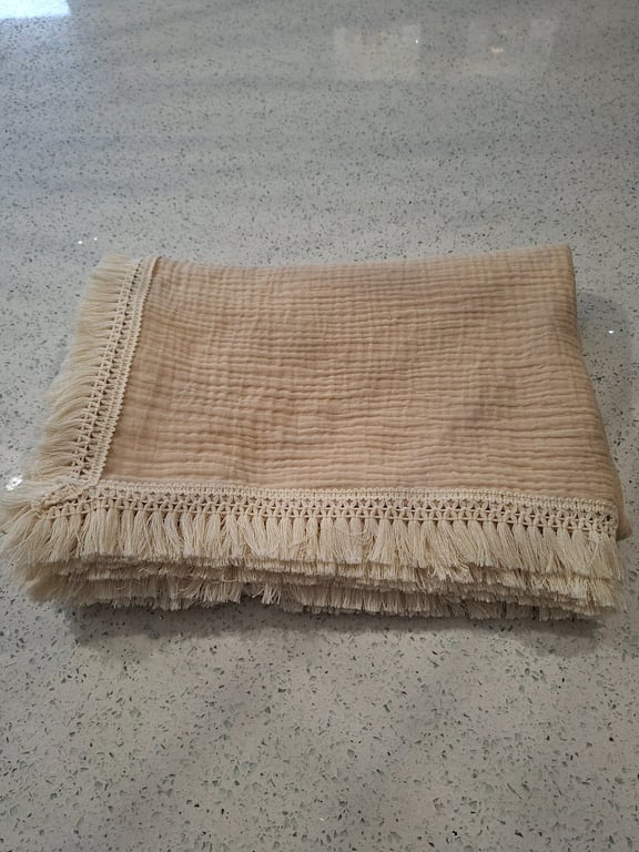 Handmade Beige Muslin Blanket with Cream Lace Trim
