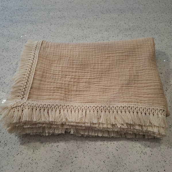 Handmade Beige Muslin Blanket with Cream Lace Trim