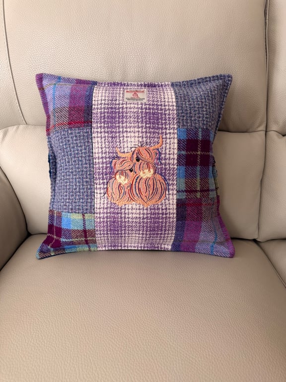 Harris Tweed Cushion with embroidered Highland Coos