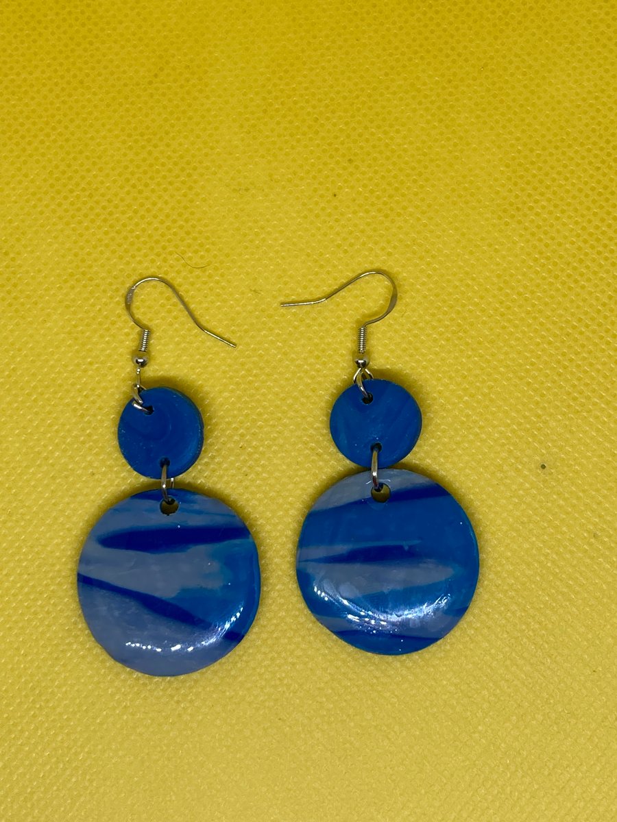 Blue Marble Clay Dangle Earrings: Handmade Polymer Clay 