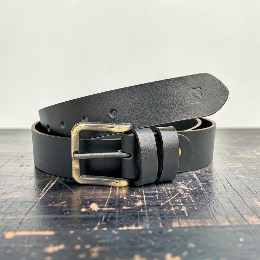 Black leather mens belt double loop with brass buckle 1.5 inch