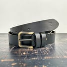 Black leather mens belt double loop with brass buckle 1.5 inch
