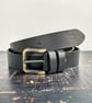 Black leather mens belt double loop with brass buckle 1.5 inch