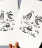 Three Vultures in a Field with a Sausage - lino cut print - Image 1