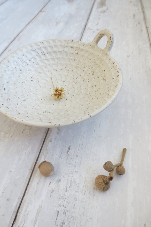 TRINKET DISH hand-built stoneware pottery tealight dish in white with speckle