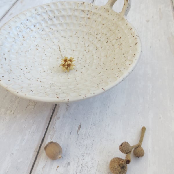 TRINKET DISH hand-built stoneware pottery tealight dish in white with speckle