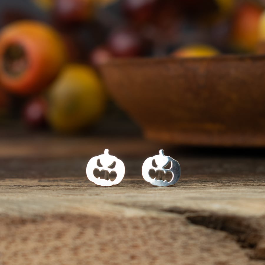 Halloween Pumpkin Earrings - Sterling Silver Stud Earrings