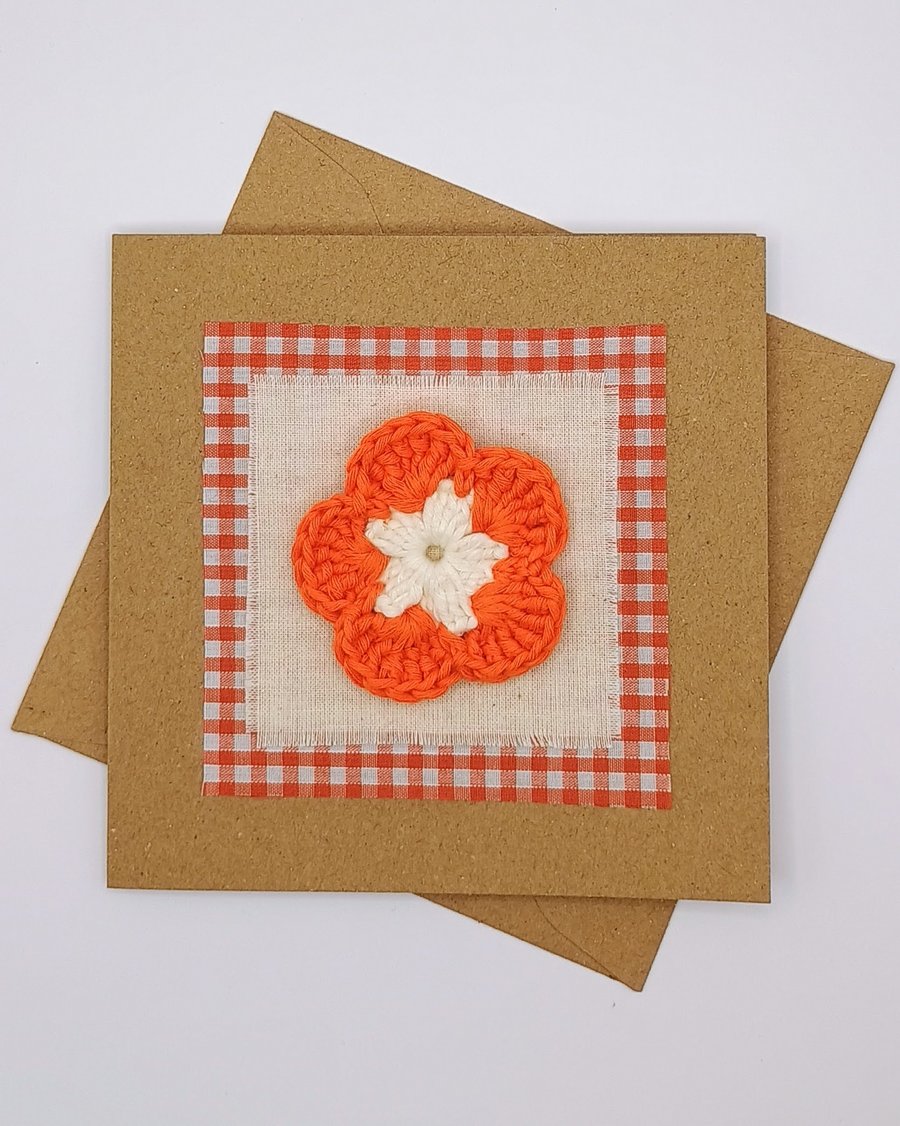 Greetings Card - Crocheted Orange Flower & Gingham Fabric Card - Blank Card
